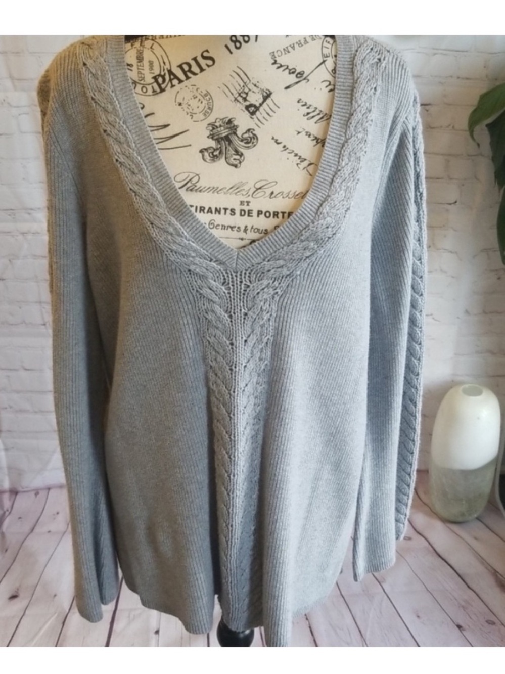 Verve Ami Light Gray V-Neck Cable Knit Sweater- 1X